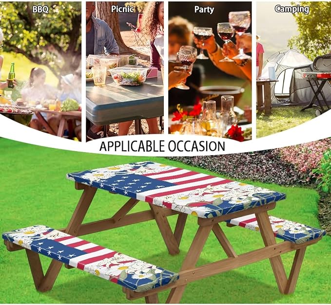 3 PCS Fitted Picnic Table Cover with Bench Cover Fitted Rectangle Tables and Seats Memorial Day Flag Outdoor Picnic Table Cover for Camping