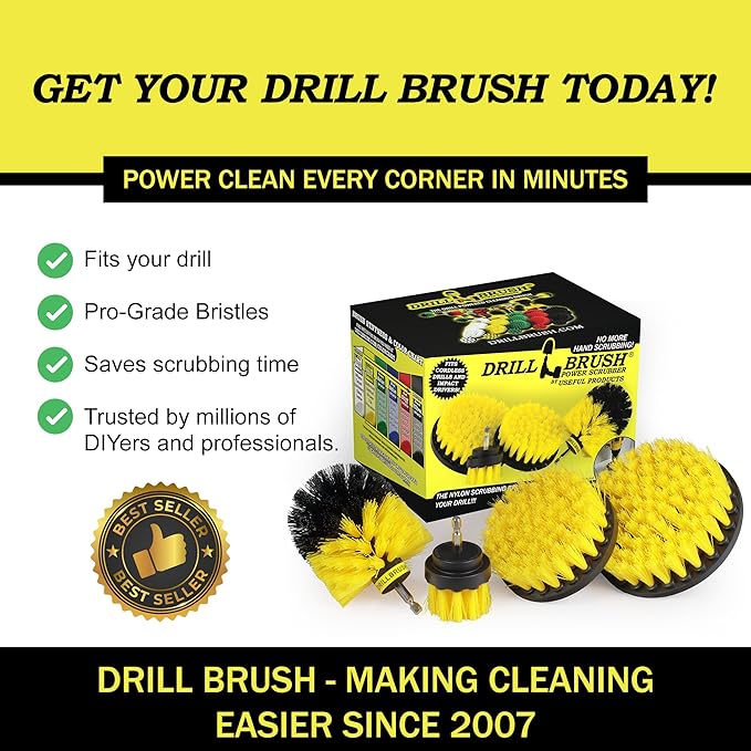 Drillbrush Electric Nylon Drill Brush Attachment Set for Bathroom Cleaning | Power Scrubber Brush Kit for Bathtub, Shower & Tile - Grout Cleaner Kit - All-Purpose Household Cleaning Brushes for Drill