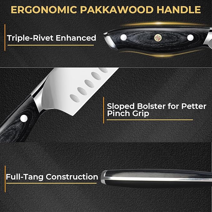 DiiHAUZZ Chef Knife, 7 Inch Ultra Sharp Japanese Santoku Knife, High Carbon Steel Forged Professional Kitchen Knife with Full Tang Triple-Riveted Ergonomic Handle for Slicing, Chopping, Dicing