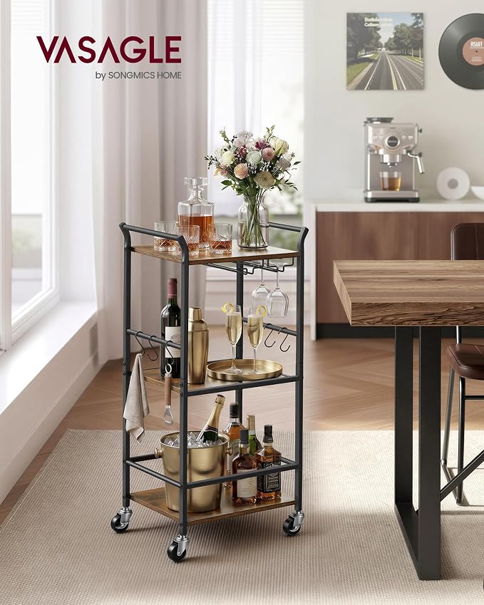 VASAGLE 3-Tier Bar Cart, Steel Serving Cart on Wheels with Wine Rack and Glass Holder, 17.5 x 12.6 x 33.7 Inches, Rustic Brown, for Kitchen and Living Room, Barnet Collection ULRC190K101