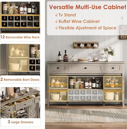 CABIHOME Farmhouse 47.2'' Buffet Cabinet with Sliding Barn Door, 33.4'' Tall Wood Rustic Sideboard with 3 Drawer, Adjustable Shelf and Removable Wine Rack (Vintage, 59'')