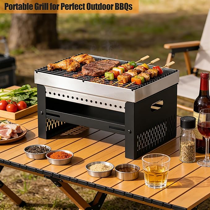 Portable Charcoal Grill, Small Tabletop BBQ, Foldable Mini Hibachi, Stainless Steel Camping Grill, Compact Outdoor Cooker for Picnic, Tailgating
