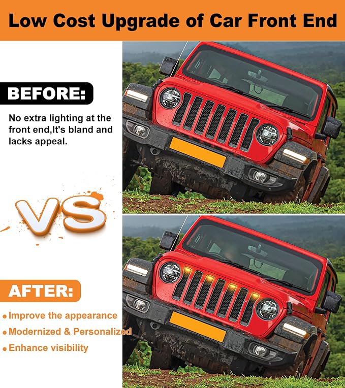 LED Grill Lights for Jeep Wrangler JL JLU Accessories 2018-2023, Amber | Direct-Snap Front Grille LED Accent Marker Lights, IP68 Waterproof, Enhanced Night Visibility, Raptor-Style Exterior Lighting