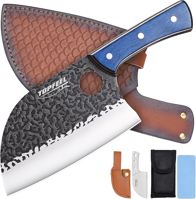 6.8Inch Serbian Chef Knife- Butcher Knife Meat Cleaver Set for Cooking, Chopping. Kitchen Knives with Leather Sheath for Home, Camping, BBQ