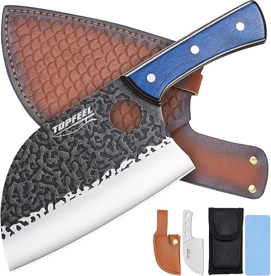 6.8Inch Serbian Chef Knife- Butcher Knife Meat Cleaver Set for Cooking, Chopping. Kitchen Knives with Leather Sheath for Home, Camping, BBQ