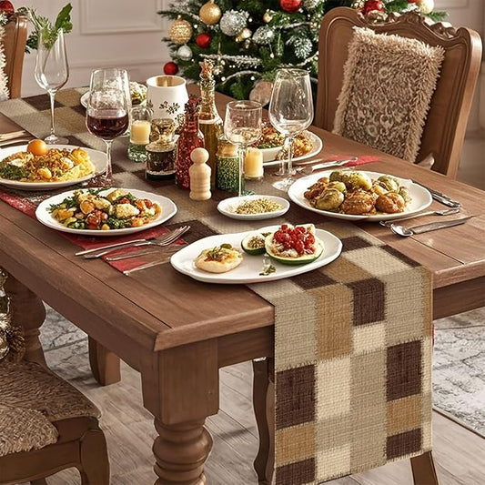 Linen Plaid Table Runner,Dining Decor for Kitchen Coffee Table Family Dinners Holiday Parties Wedding Events Decor(13x72 inch)