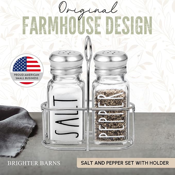 Clear Glass Salt and Pepper Shakers Set with Holder by Brighter Barns - Dining Table Countertop Accessories, Farmhouse Kitchen Decor - Glass Shakers with Caddy for Restaurant, BBQ, Camping, RV (Clear)