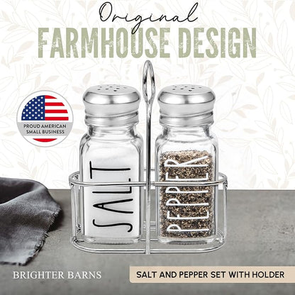 Clear Glass Salt and Pepper Shakers Set with Holder by Brighter Barns - Dining Table Countertop Accessories, Farmhouse Kitchen Decor - Glass Shakers with Caddy for Restaurant, BBQ, Camping, RV (Clear)