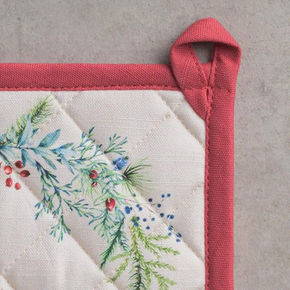 Maison d' Hermine Pot Holders 100% Cotton Potholders (8" x 8", Pack of 1) | Heat Resistant Hot Pads with Loop BBQ Cooking Baking Hotel Kitchen Handling Hot Pans Thanksgiving Christmas - Holly Time