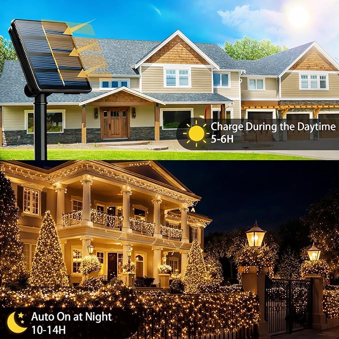 SyouHome 800 LED 264ft Solar String Lights Outdoor, 4 Pack, Warm White | 8 Lighting Modes, Auto On/Off, Waterproof Solar Fairy Lights, Twinkle Lights for Garden, Tree, Wedding, Party Decor