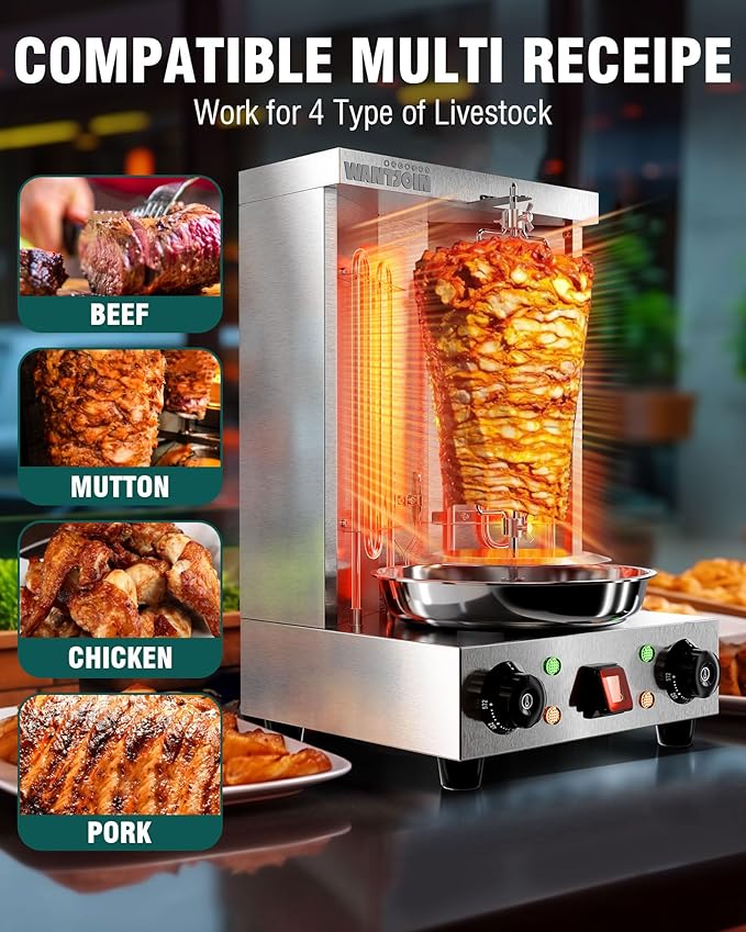 WantJoin Shawarma Grill Machine - 22 LBS Capacity Electric Shawarma Machine w/ 2 Burners, 122°F to 572°F Temp For Chicken, Beef, Gyro Meat, Stainless Steel Gyro Machine For Commercial Use, 2520W