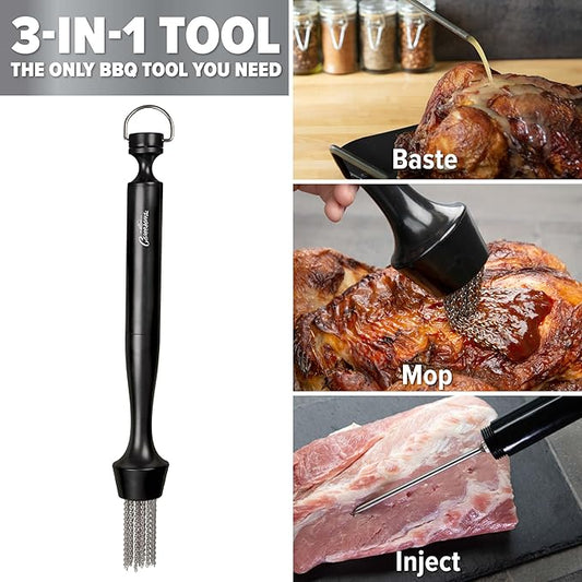 Camerons 3-in-1 Barbecue Injector Basting Mop - Baster Set Includes BBQ Chain Basting Brush & Meat Syringe to Baste, Marinate & Inject Food w Flavor - Indoor Outdoor Use- Grilling Gift for Fathers Day
