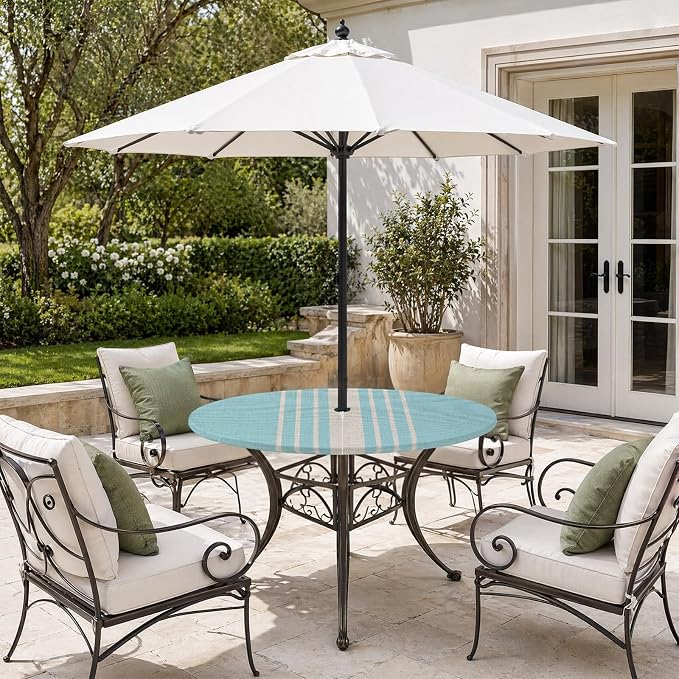Outdoor Fitted Tablecloth with Umbrella Hole and Zipper, Lake Blue Beige Striped Elastic Round Patio Table Cover, Farmhouse Retro Lines Modern Table Protector for Backyard BBQ Party 31''-35''