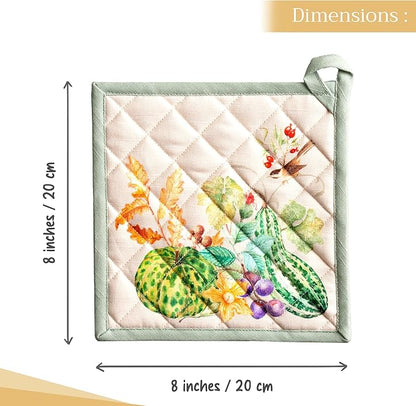 Maison d' Hermine Pot Holders Set 100% Cotton Heat Resistant Potholders 8" x 8" Hot Pads with Loop for Thanksgiving Christmas Decorations BBQ Cooking Baking Handling Hot Pans (Pack of 2, Lumina)