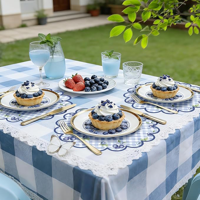 100 Pcs Blueberry Paper Placemats Blue Fruit Place Mats 13.5 Inch Disposable Round Decorative Dining Table Mats with Scalloped Edges for Spring Summer Birthday Bridal Wedding Party Supplies