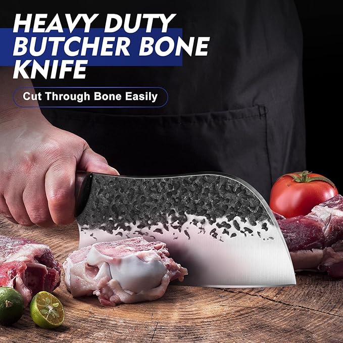 Topfeel 8PCS Chef Butcher Fish Knife Set for Meat Cutting with Roll Bag, Hand Forged Meat Cleaver Knife Boning Carving Knife Set for Home、Camping、BBQ