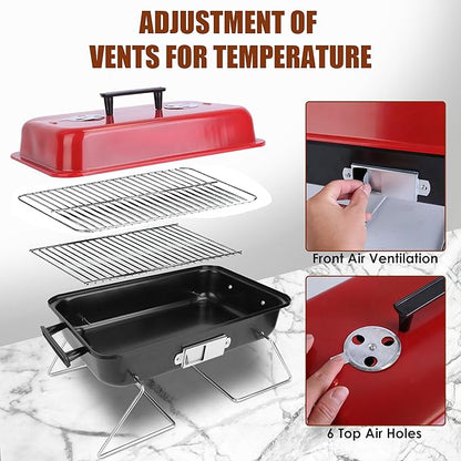 Portable Charcoal Grill, Foldable Tabletop BBQ Smoker, Small Barbecue Grill for Outdoor Cooking Camping Picnics & Travel, Compact & Lightweight, Red