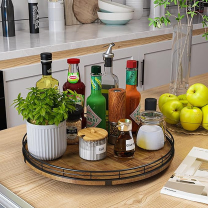 AMH 16-Inch Farmhouse Oak Lazy Susan Organizer, Walnut Finish | Smooth rotating oak tray with walnut finish for dining tables, kitchen counters, pantries and cabinet storage.