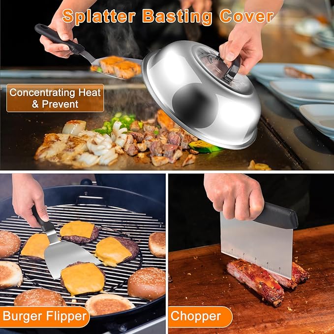 Griddle Accessories Kit, 24Pcs Grilling Accessories Set for Blackstone and Camp Chef, Flat Top Griddle Accessories Set with Scraper, Enlarged Spatulas, Basting Cover for BBQ