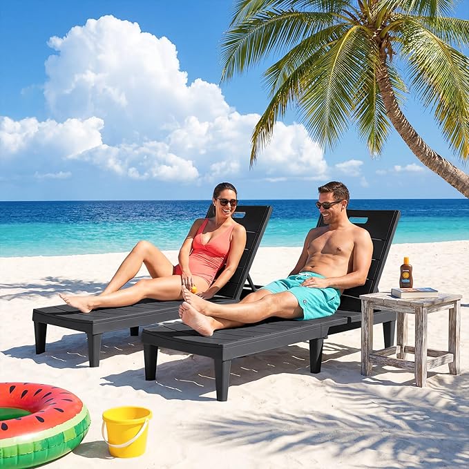 Greesum Outdoor Chaise Lounge Chair Set of 4, Waterproof 5-Position Adjustable PP Sun Loungers for Patio, Poolside, and Beach Sunbathing, Black