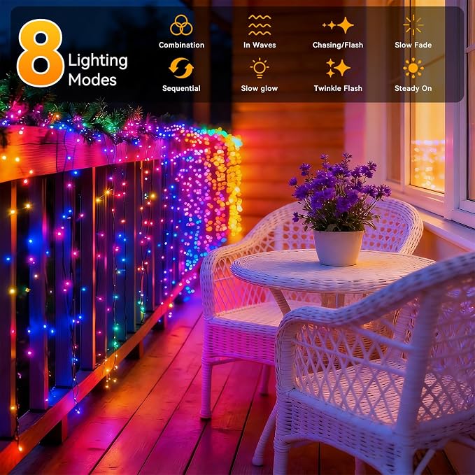 Solar String Lights Outdoor Waterproof 2 Pack Total 66ft 200LED Multicolor | 8 Modes Twinkle Lights Solar Fairy Lights for Patio, Garden Yard Party Wedding Tree Christmas Halloween Decoration