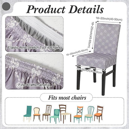 7 Pcs Gray Floral Tablecloth and Chair Covers Set Waterproof Vintage Farmhouse Rectangular Table Cover with Stretch Chair Slipcovers for Dining Room Patio Parties
