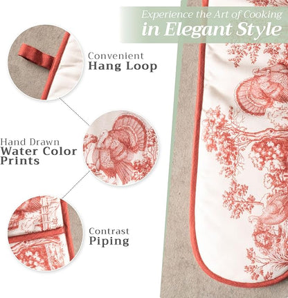 Maison d' Hermine Double Oven Mitts 100% Cotton Double Oven Glove (7"x35") | Heat Resistant BBQ Cooking Gloves with Loop Baking Kitchen Home Hotel Farmhouse Thanksgiving Christmas - Holy Jouy - Red
