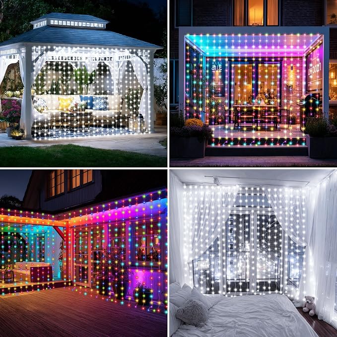 Solar Curtain Lights Outdoor Waterproof 10x10Ft 300LED Multicolor Cool White Dual Color Changing Fairy String Lights with Dimmable Remote Timer Memory for Christmas Balcony Pergola Patio