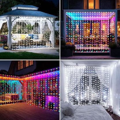 Solar Curtain Lights Outdoor Waterproof 10x10Ft 300LED Multicolor Cool White Dual Color Changing Fairy String Lights with Dimmable Remote Timer Memory for Christmas Balcony Pergola Patio