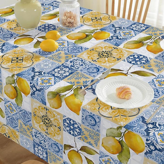 SASTYBALE Summer Lemon Tablecloth Mediterranean Tile Table Cloth, Washable Water Resistant Rectangular Italian Themed Decor Table Cover for Party/Picnic/Indoor/Outdoor (Rectangle, 60" x 102", Blue)