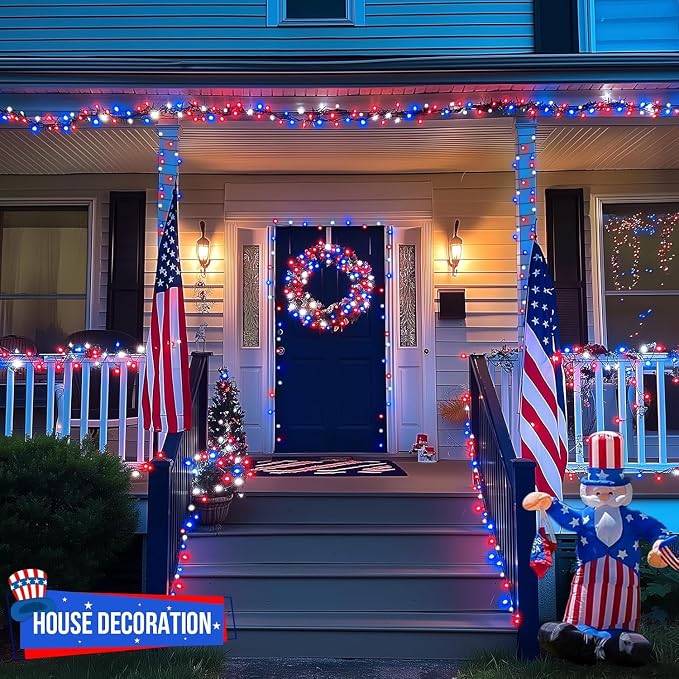 JMEXSUSS 200 LED 66ft Red White and Blue Lights Outdoor Plug in | Connectable Waterproof 4th of July Lights, 8 Modes Patriotic String Lights for Tree Independence Day Indoor Decorations