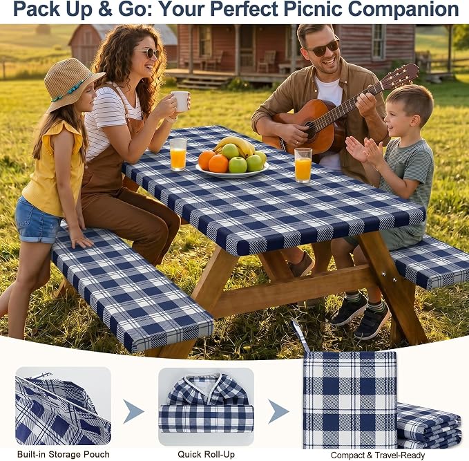 Picnic Table Cover with Bench Covers Windproof Waterproof Picnic Table Covers Camping Tablecloth with Self-Storage Bag, 72in, Blue