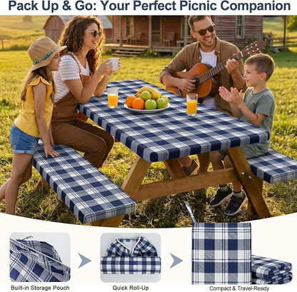 Picnic Table Cover with Bench Covers Windproof Waterproof Picnic Table Covers Camping Tablecloth with Self-Storage Bag, 72in, Blue