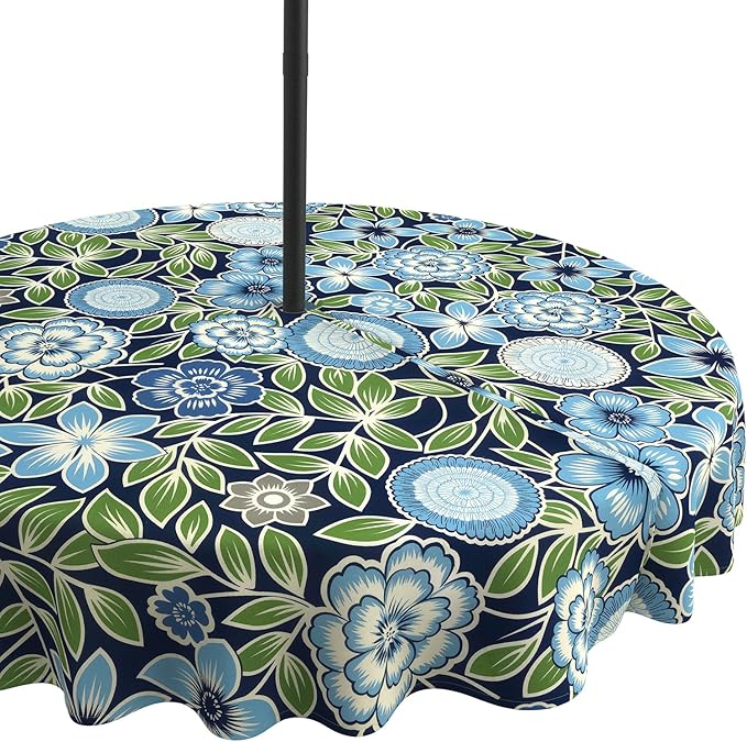 LVTXIII Round Outdoor Tablecloth with Umbrella Hole and Zipper, Water-Repellent 60 Inch Patio Table Cover for Bistro, Garden, Patio & Picnic, Botanical Blues