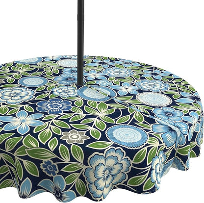 LVTXIII Round Outdoor Tablecloth with Umbrella Hole and Zipper, Water-Repellent 60 Inch Patio Table Cover for Bistro, Garden, Patio & Picnic, Botanical Blues