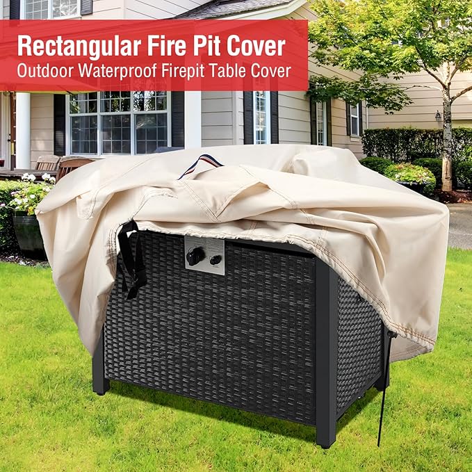Fire Pit Cover Rectangular 48 Inch - Waterproof Outdoor Fire Table Cover Rectangle Heavy Duty, 600D Patio Propane Gas Firepit Cover Rectangular Tear Weather Resistant - 48 x 24 x 15 Inch Beige