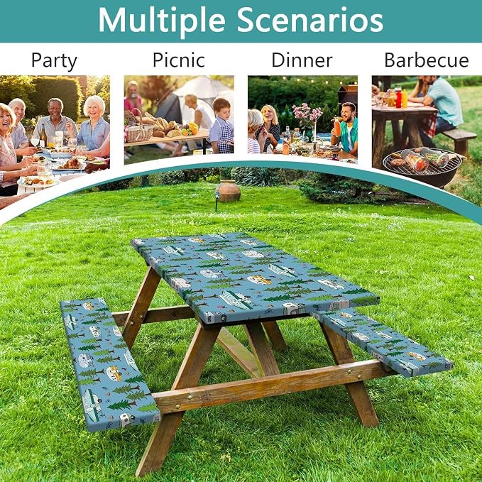JAWO Picnic Table Cover with Bench Covers Elastic Edges, Camper Rv Fitted Table Cover, Outdoor Patio Camping Essentials, Waterproof Camping Fitted Tablecloth with Drawstring Bag, 30x72in