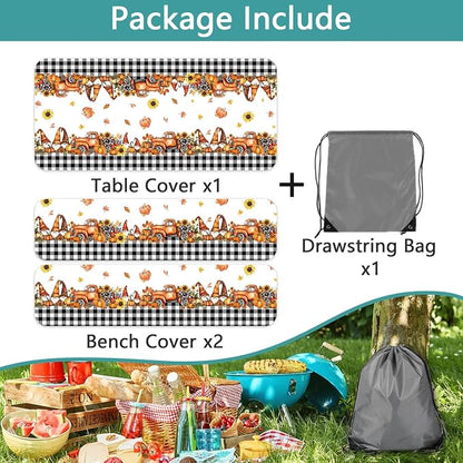 Fall Picnic Table Cover with Bench Covers, Camping Essentials, Buffalo Plaid Thanksgiving Pumpkin Waterproof Windproof, Fitted Tablecloth Cover with Elastic Edge, Indoor & Outdoor, 3 PCS, 30x60 Inch