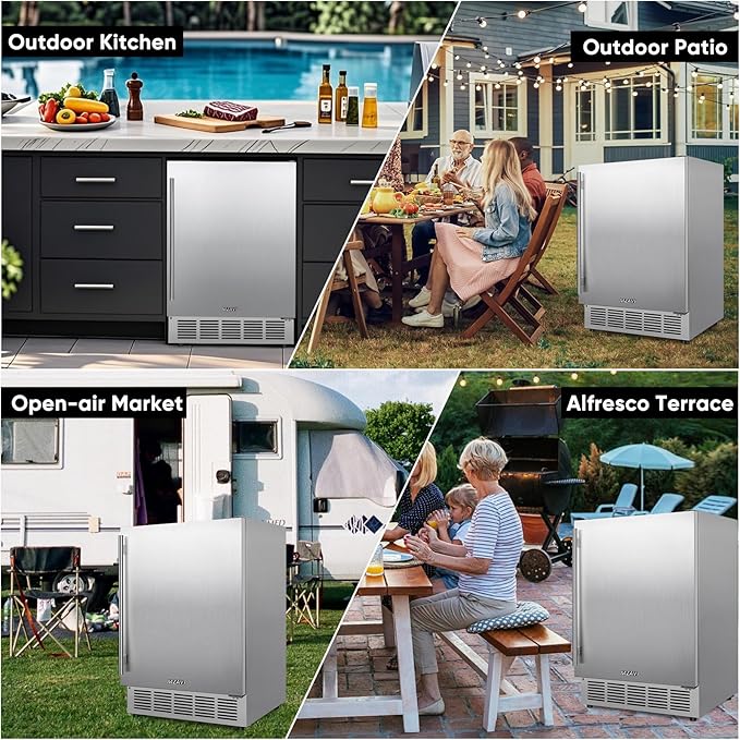 24 Inch Outdoor Beverage Refrigerator, Stainless Steel Beverage Fridge 180 Can Under Counter Built-in/Freestanding, Waterproof, Fast Cooling, Low Noise - Outdoor Refrigerator for Home and Patio