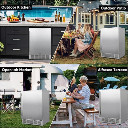 24 Inch Outdoor Beverage Refrigerator, Stainless Steel Beverage Fridge 180 Can Under Counter Built-in/Freestanding, Waterproof, Fast Cooling, Low Noise - Outdoor Refrigerator for Home and Patio