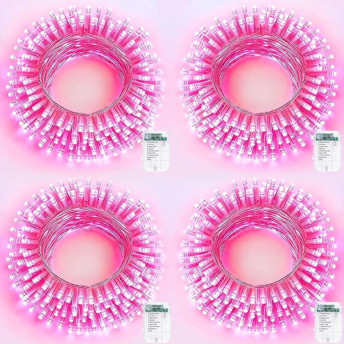 Pooqla 4 Pack String Lights Battery Operated, Total 66.6ft 200 LED Fairy Lights Indoor Outdoor Decorations, 8 Modes Pink Battery Lights for Bedroom Classroom Porch Party Yard Wedding Decor