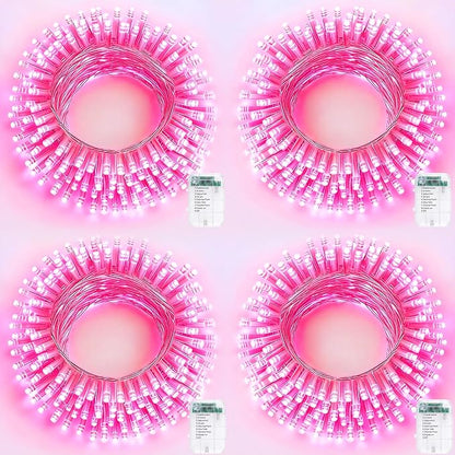 Pooqla 4 Pack String Lights Battery Operated, Total 66.6ft 200 LED Fairy Lights Indoor Outdoor Decorations, 8 Modes Pink Battery Lights for Bedroom Classroom Porch Party Yard Wedding Decor