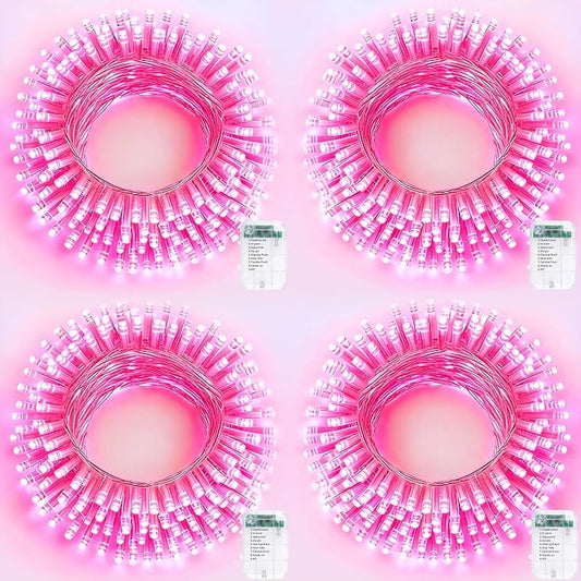 Pooqla 4 Pack String Lights Battery Operated, Total 66.6ft 200 LED Fairy Lights Indoor Outdoor Decorations, 8 Modes Pink Battery Lights for Bedroom Classroom Porch Party Yard Wedding Decor