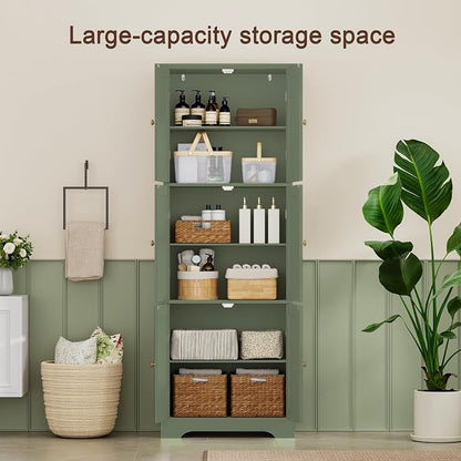 ChooChoo 63.2" Tall Bathroom Storage Cabinet with 6 Doors | Freestanding Floor Cabinet, Adjustable Shelves, Pantry Cabinet for Bathroom, Kitchen, Laundry Room, Green