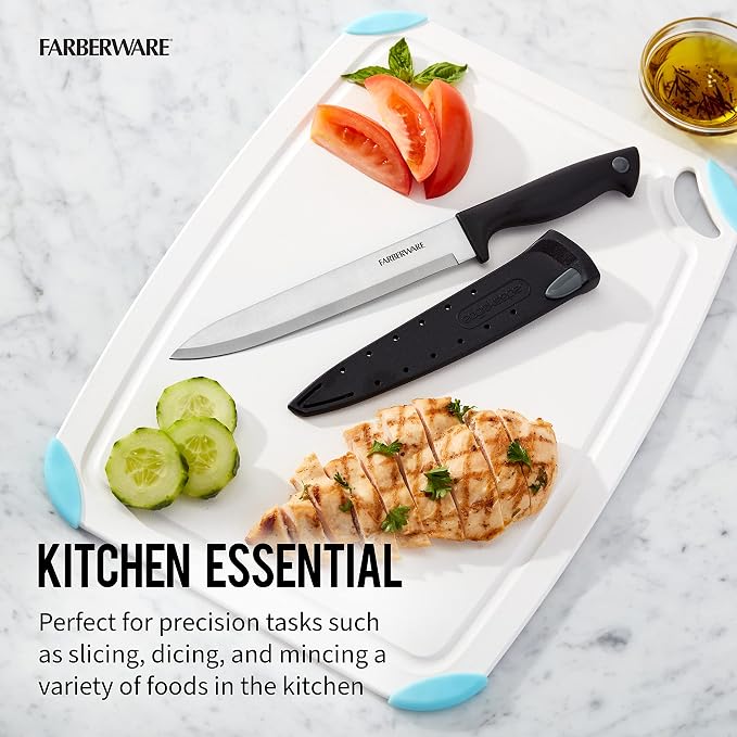 Farberware 8 Inch Slicing Knife with EdgeKeeper Self-Sharpening Sheath, High-Carbon Stainless Steel Blade, Ergonomic Handle for Effortless Meat and Food Prep
