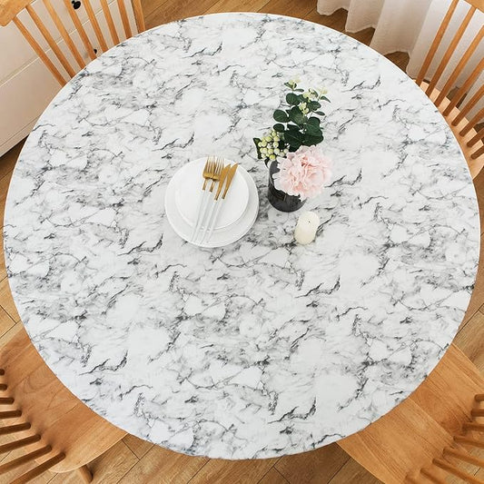 LIBERECOO Round Vinyl Fitted Tablecloth with Flannel Backing Elastic Edge Table Cover Waterproof Stain-Resistant Wipeable Tablecloths Fits 45-56" Round Tables