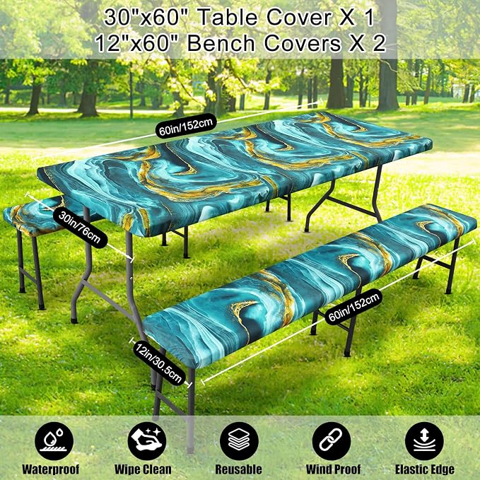Smiry Picnic Table Cover with Bench Covers, Waterproof Elastic Fitted Tablecloth for 5 Foot Tables, Washable Polyester Tablecloths for Camping, Indoor & Outdoor (Teal & Gold, 30x60 Inch 3-pc Set)