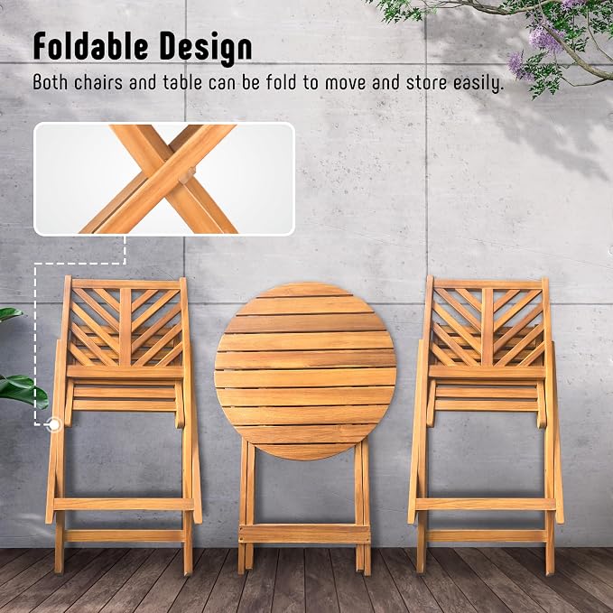 Werph 3-Piece Acacia Wood Patio Set, Foldable Bistro Table and Chairs Set | Small Patio Furniture Set with Cushions, Folding Balcony Chairs Table Set for Apartment, Balcony, Deck or Porch
