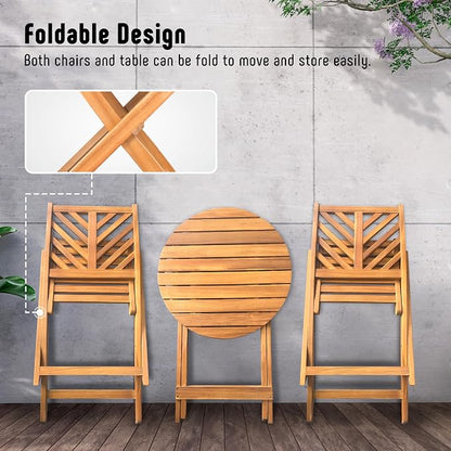 Werph 3-Piece Acacia Wood Patio Set, Foldable Bistro Table and Chairs Set | Small Patio Furniture Set with Cushions, Folding Balcony Chairs Table Set for Apartment, Balcony, Deck or Porch