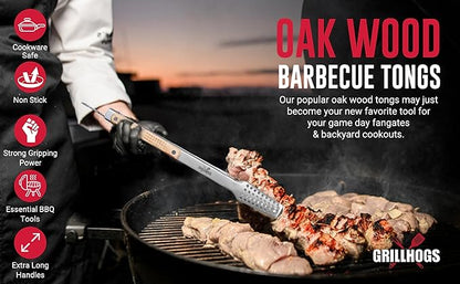 9" Tongs 18/0 Stainless Steel BBQ Grill Tongs with Ergonomic Real Oak Wood Handle for Cooking - Durable Grilling Accessory, Tongs for Cooking & Kitchen, Outdoor Barbecue, Easy to Clean